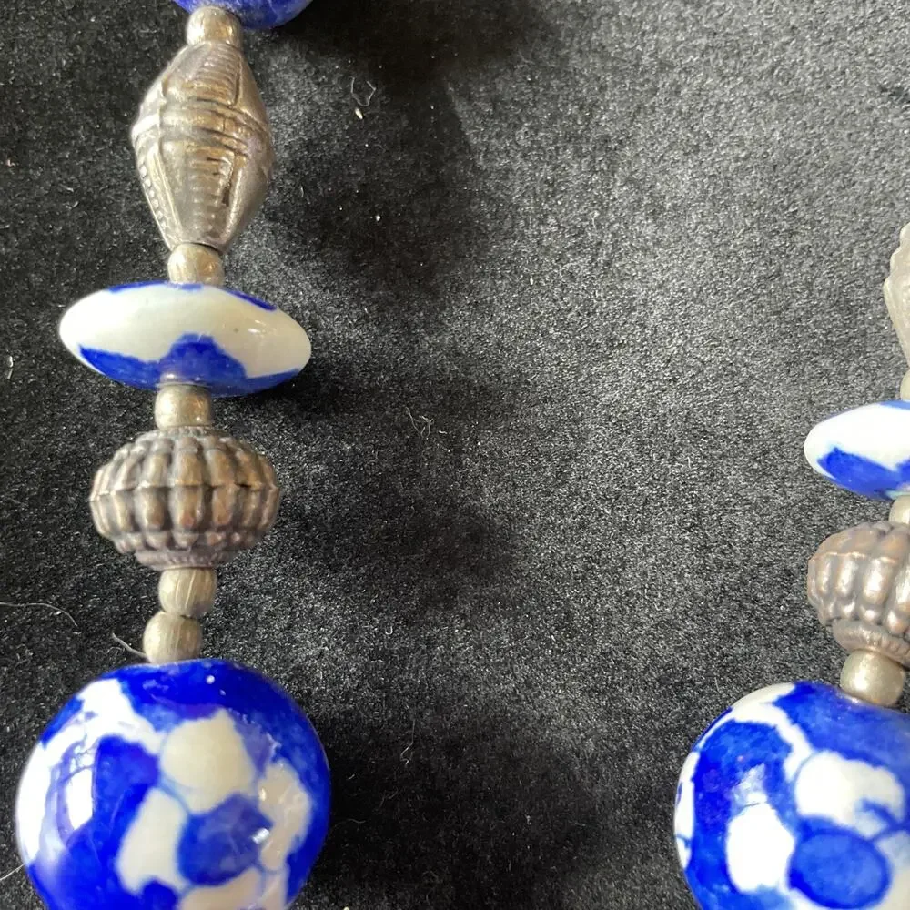 Vintage Hand Painted Chinese Porcelain Bead And Silver Beads Necklace